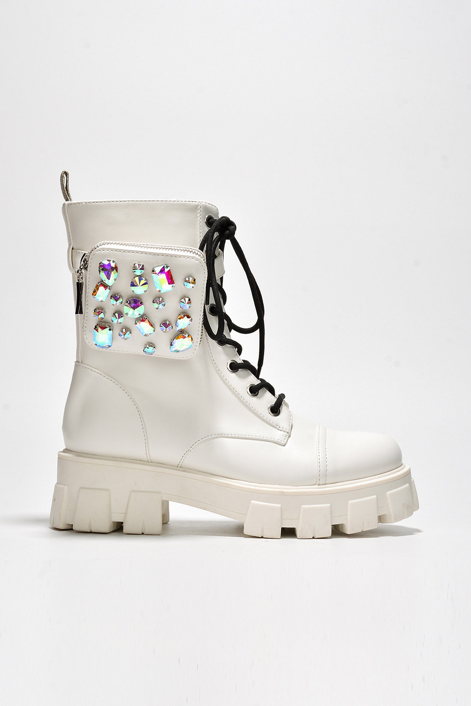 Nemoya Gem-Studded Pouch Stylish Combat Boots - White