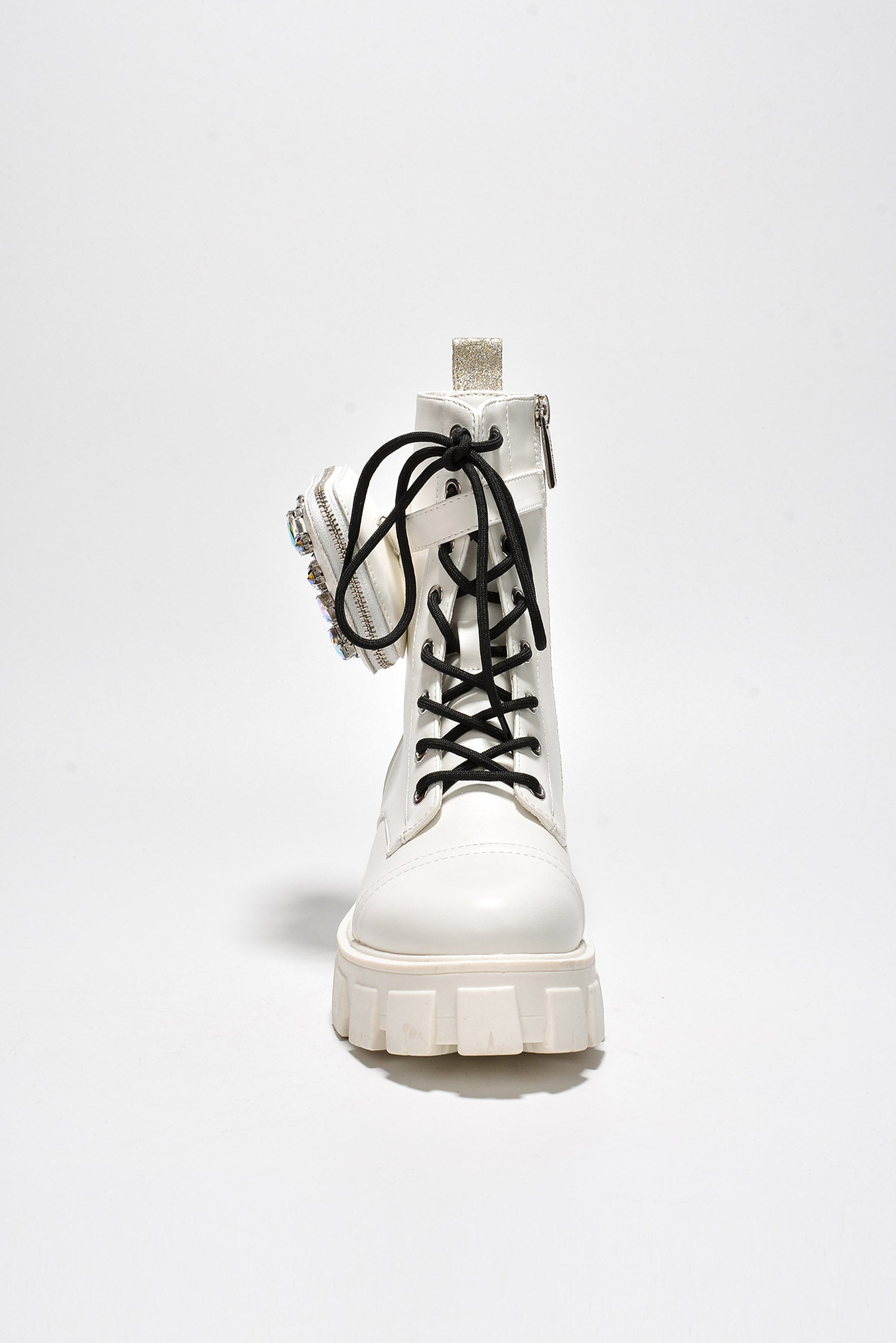 Nemoya Gem-Studded Pouch Stylish Combat Boots - White
