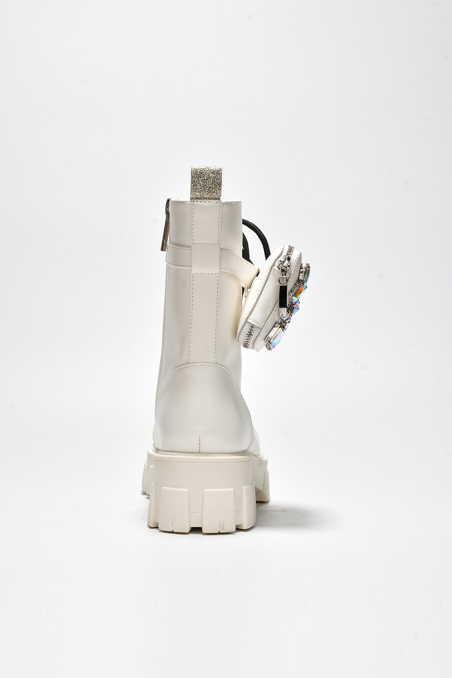 Nemoya Gem-Studded Pouch Stylish Combat Boots - White