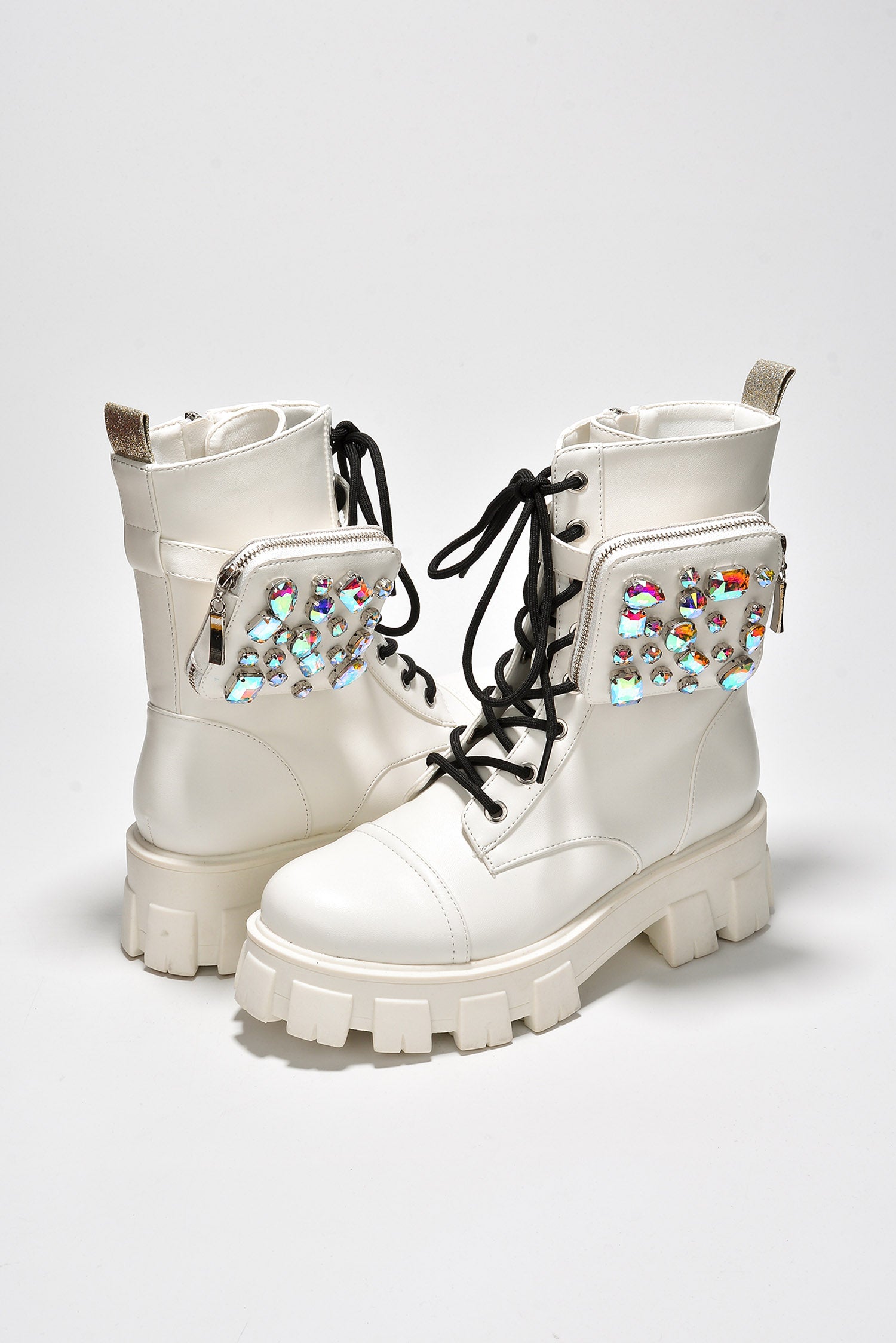Nemoya Gem-Studded Pouch Stylish Combat Boots - White