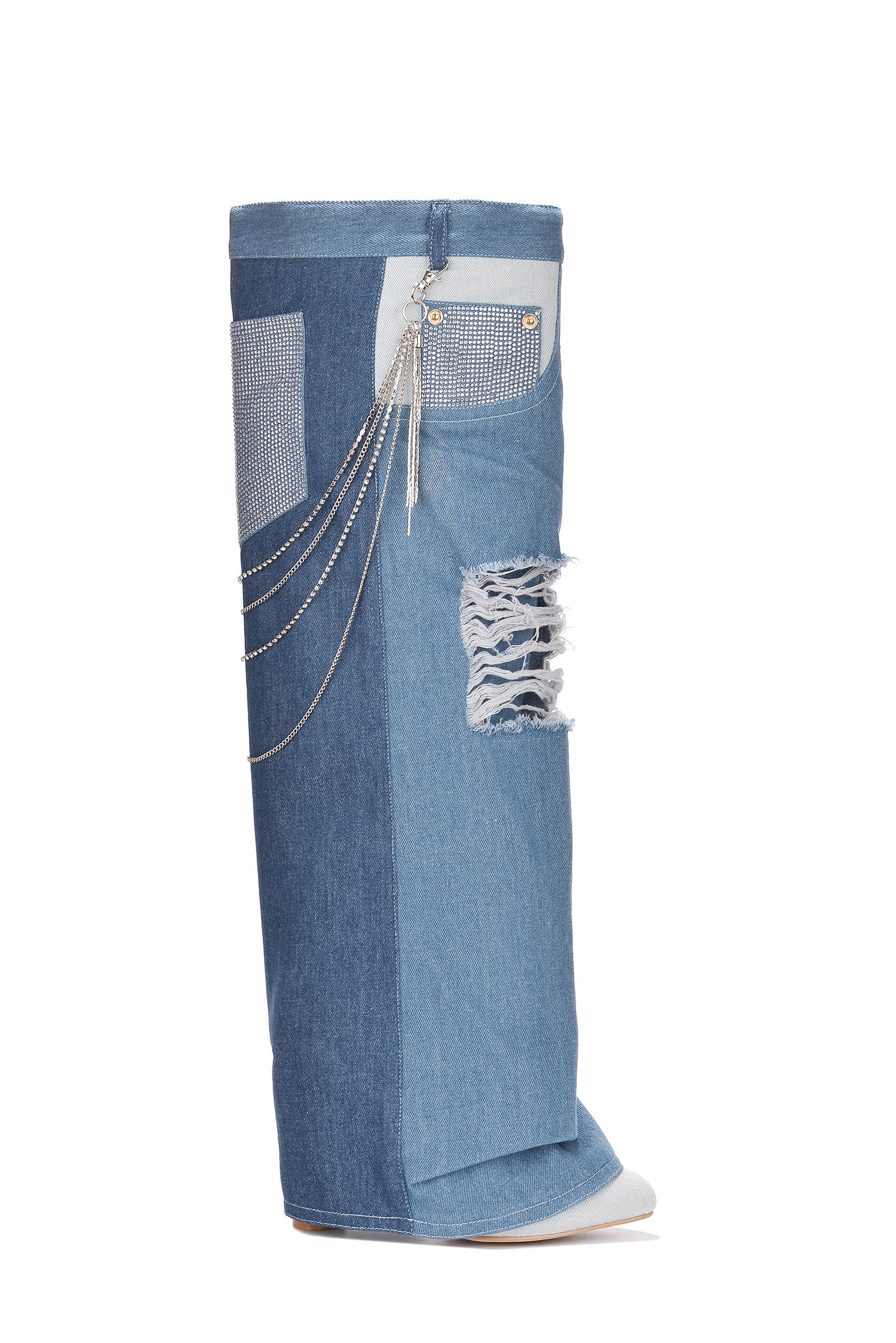 Nima Rhinestone Fringe Denim Knee High Boots - Denim