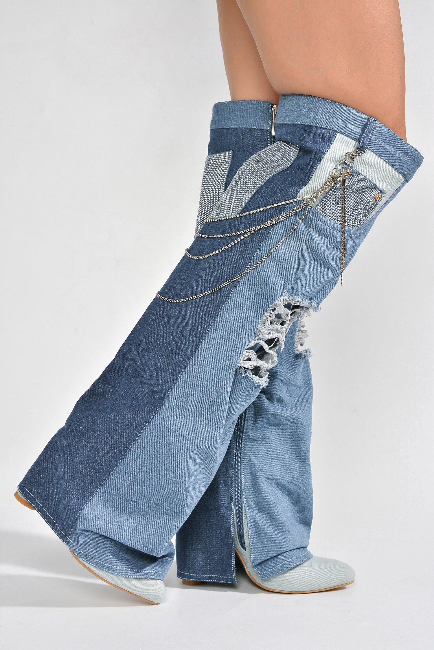 Nima Rhinestone Fringe Denim Knee High Boots - Denim