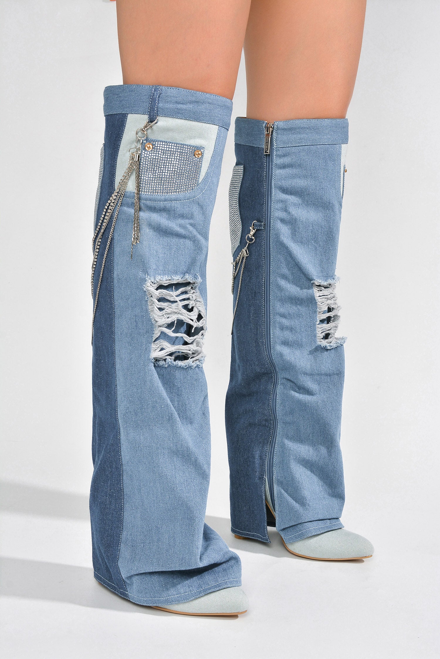 Nima Rhinestone Fringe Denim Knee High Boots - Denim