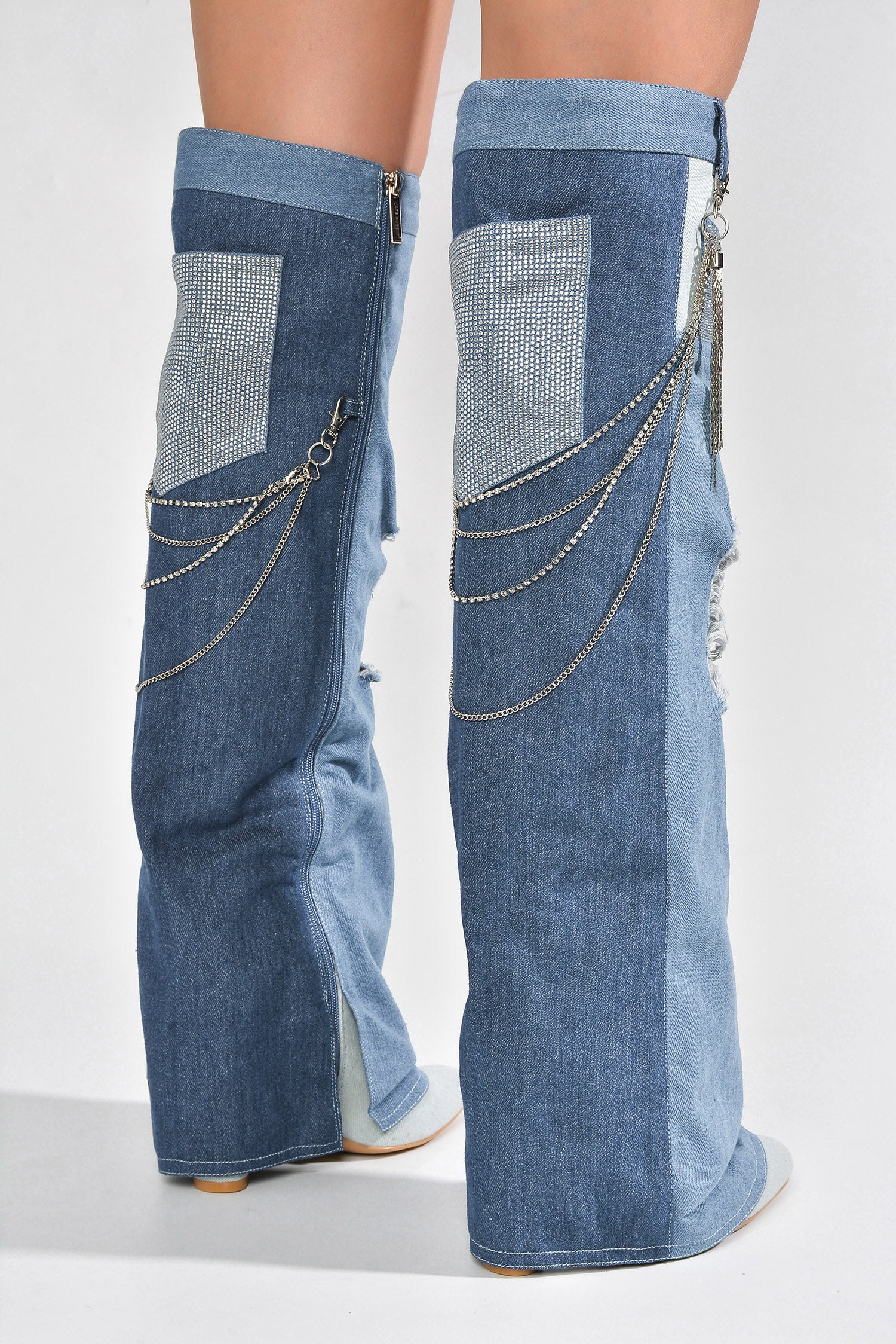 Nima Rhinestone Fringe Denim Knee High Boots - Denim