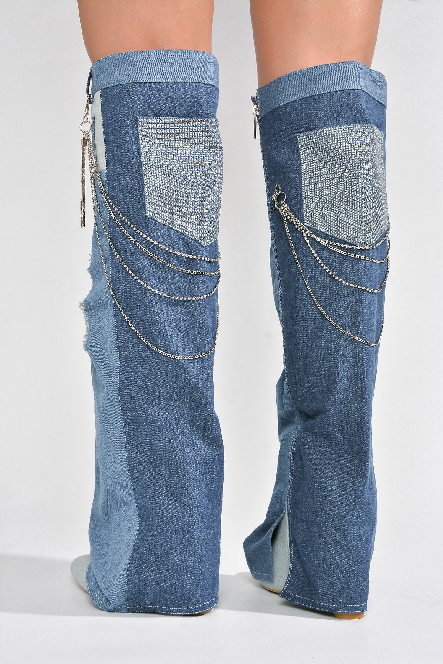 Nima Rhinestone Fringe Denim Knee High Boots - Denim