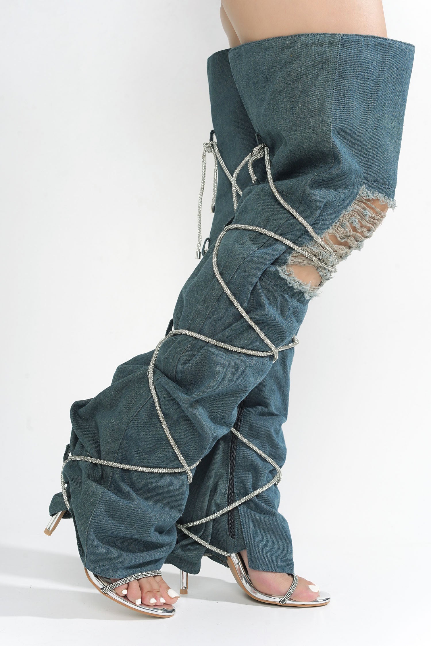 Nobu Rhinestone Thigh-High Denim Booties - Blue