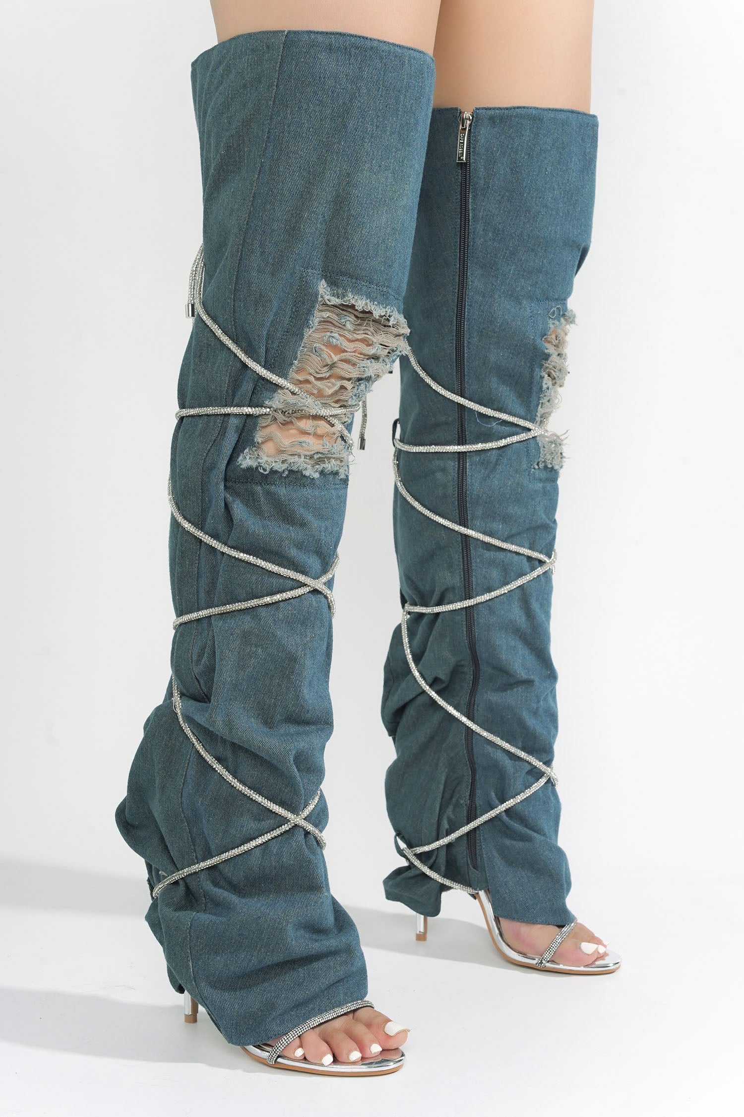 Nobu Rhinestone Thigh-High Denim Booties - Blue