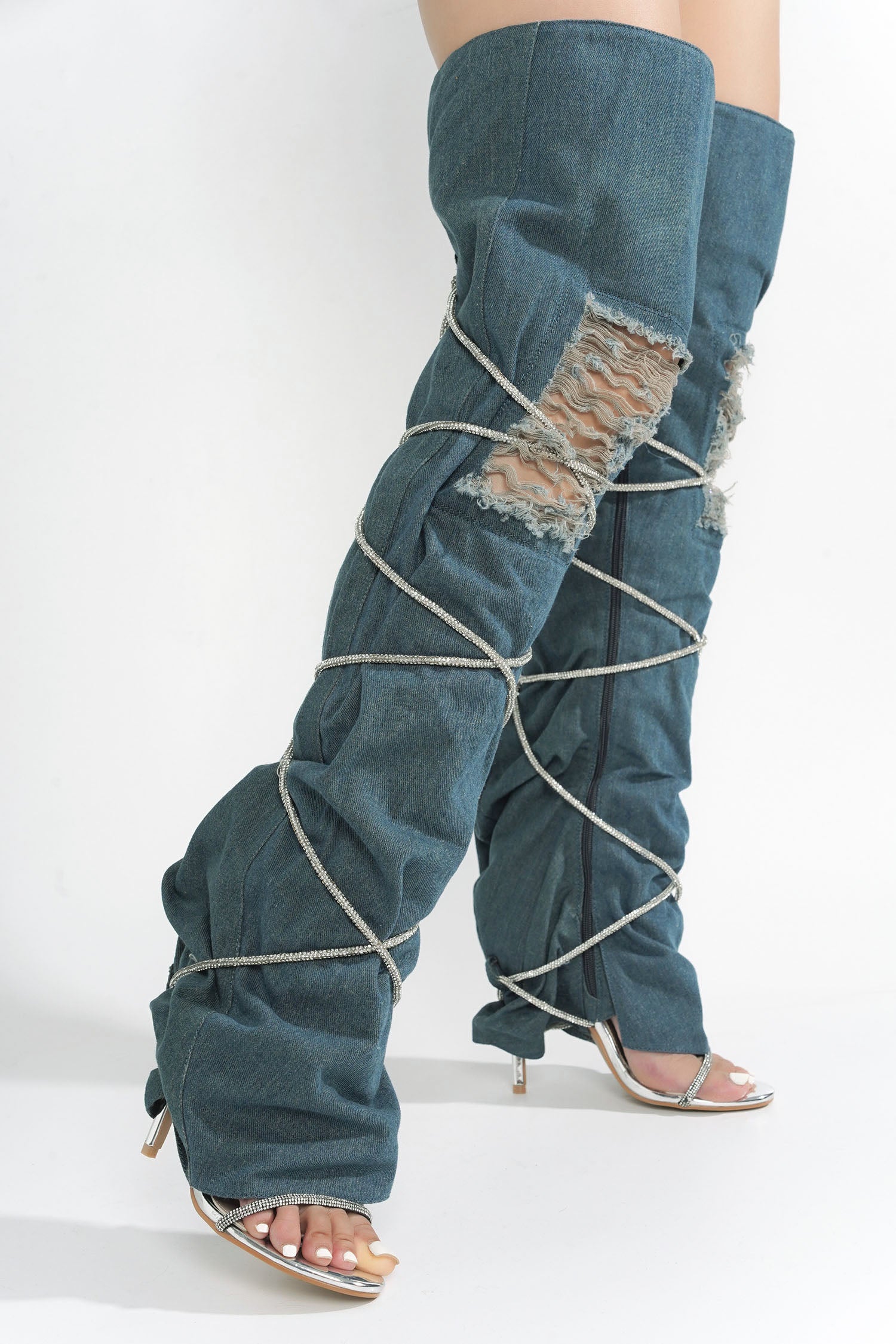 Nobu Rhinestone Thigh-High Denim Booties - Blue