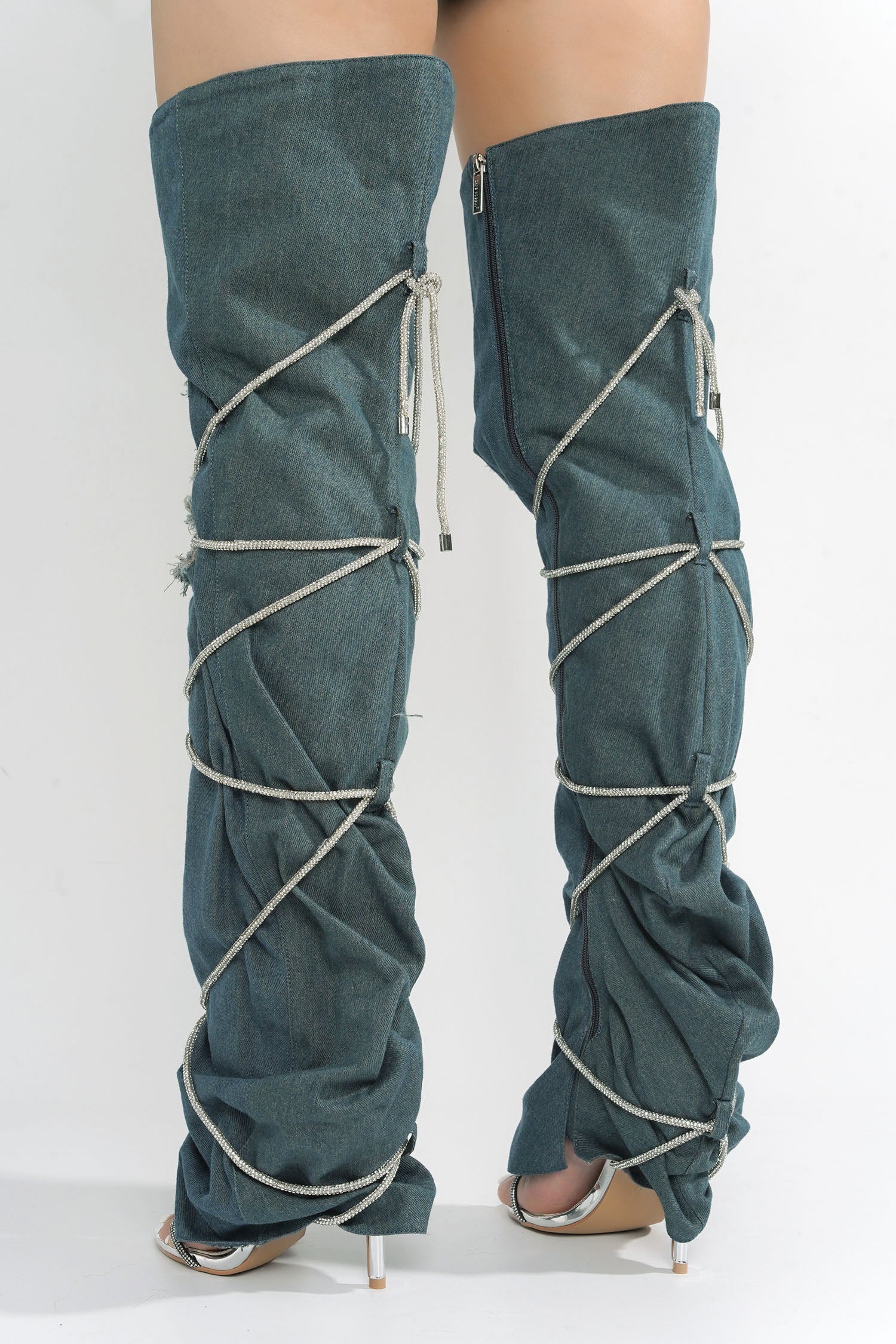 Nobu Rhinestone Thigh-High Denim Booties - Blue