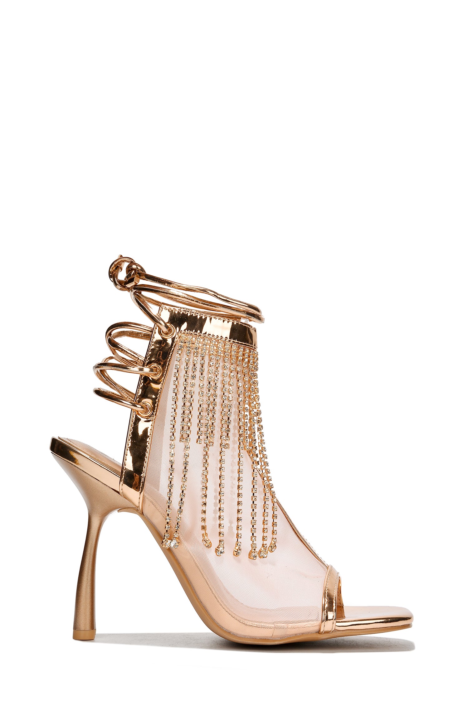 Nokia Rhinestone Fringe Clear Lace Up Heels - Rose Gold
