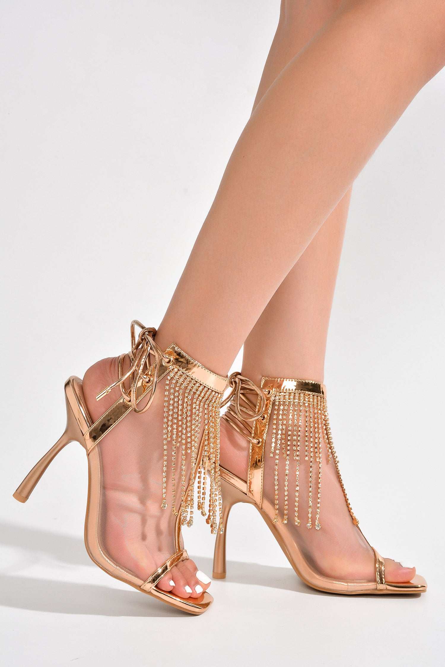 Nokia Rhinestone Fringe Clear Lace Up Heels - Rose Gold