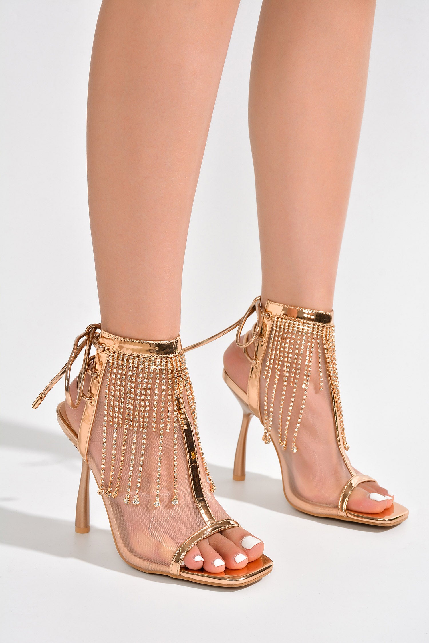 Nokia Rhinestone Fringe Clear Lace Up Heels - Rose Gold