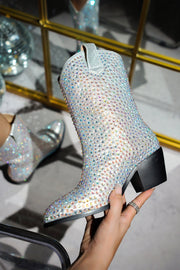 Crossett Studded Satin Cowboy Boots - Silver