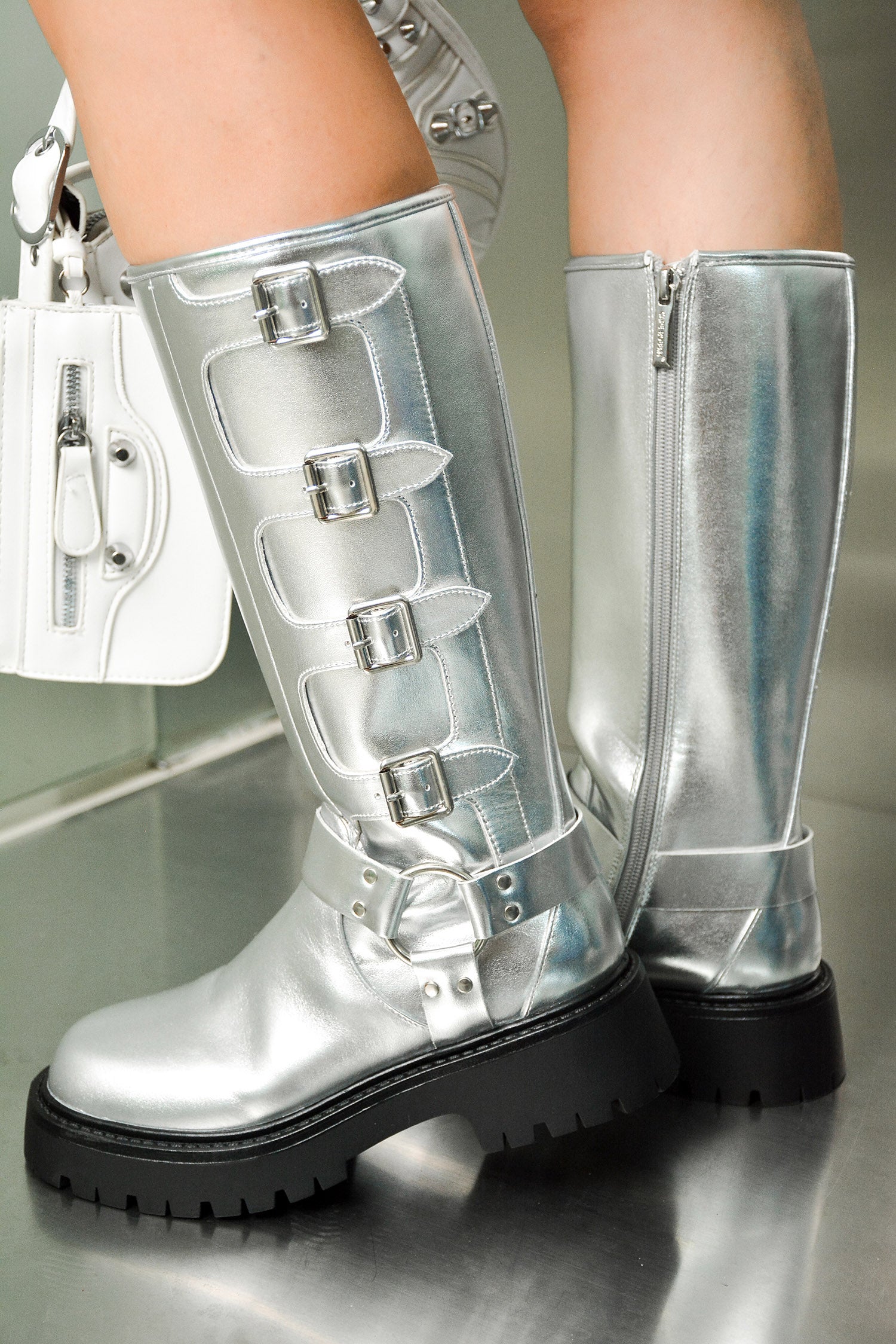 Dayton Square Toe Buckle Calf Length Boots - Silver
