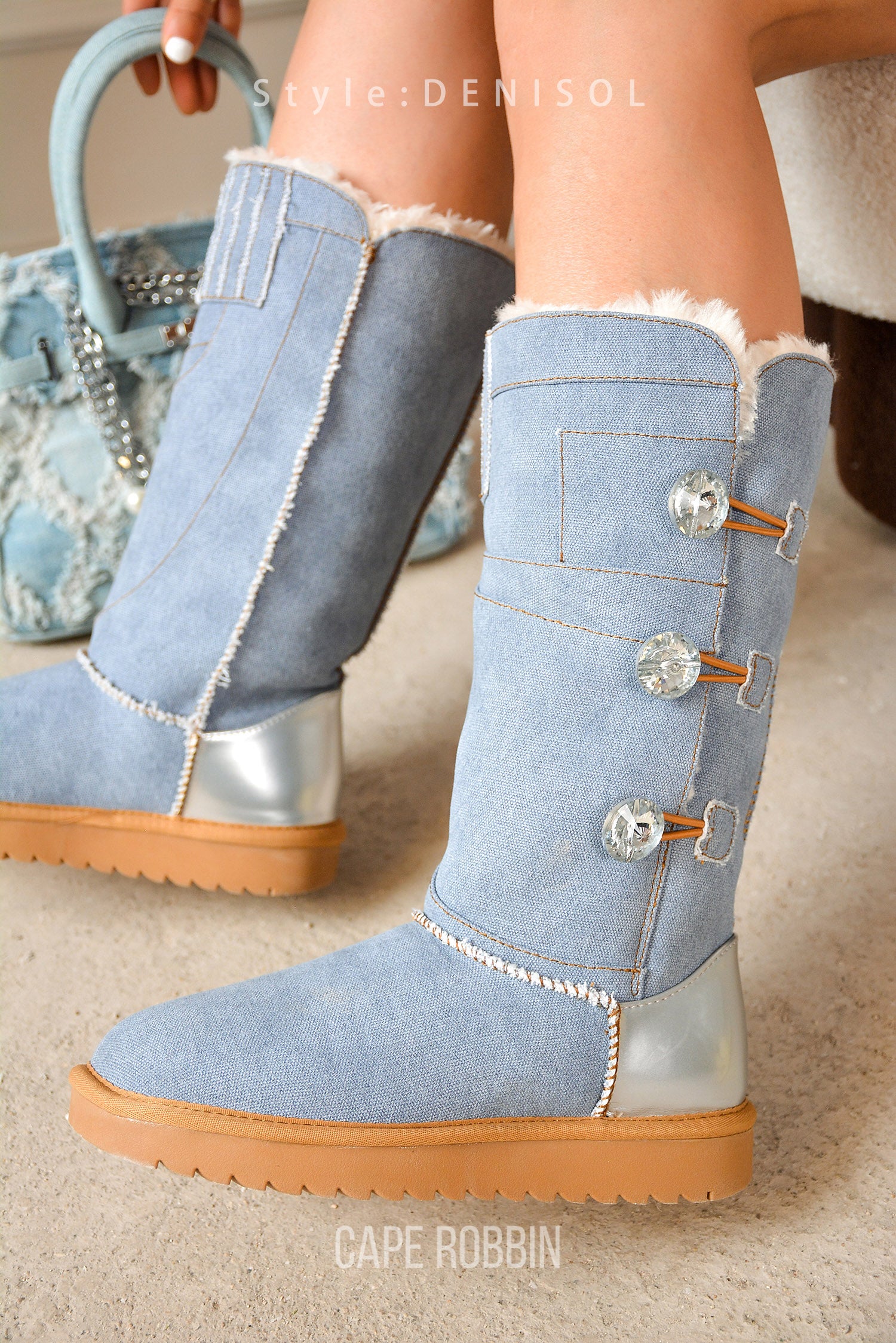 Denisol Denim Boots with Crystal Button Accents - Blue