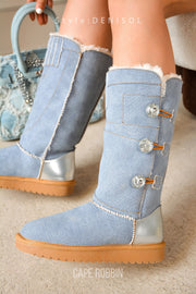 Denisol Denim Boots with Crystal Button Accents - Blue