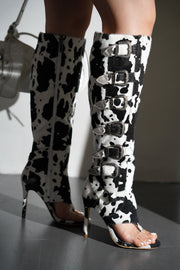 Elarahh Belt Buckle Open Round Toe Heel Boots - Cow