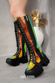 Fade Metallic Knee-High Chunky Lug Sole Boots - Black Multi