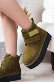 Felia Double Velcro Platform Suede Booties - Olive