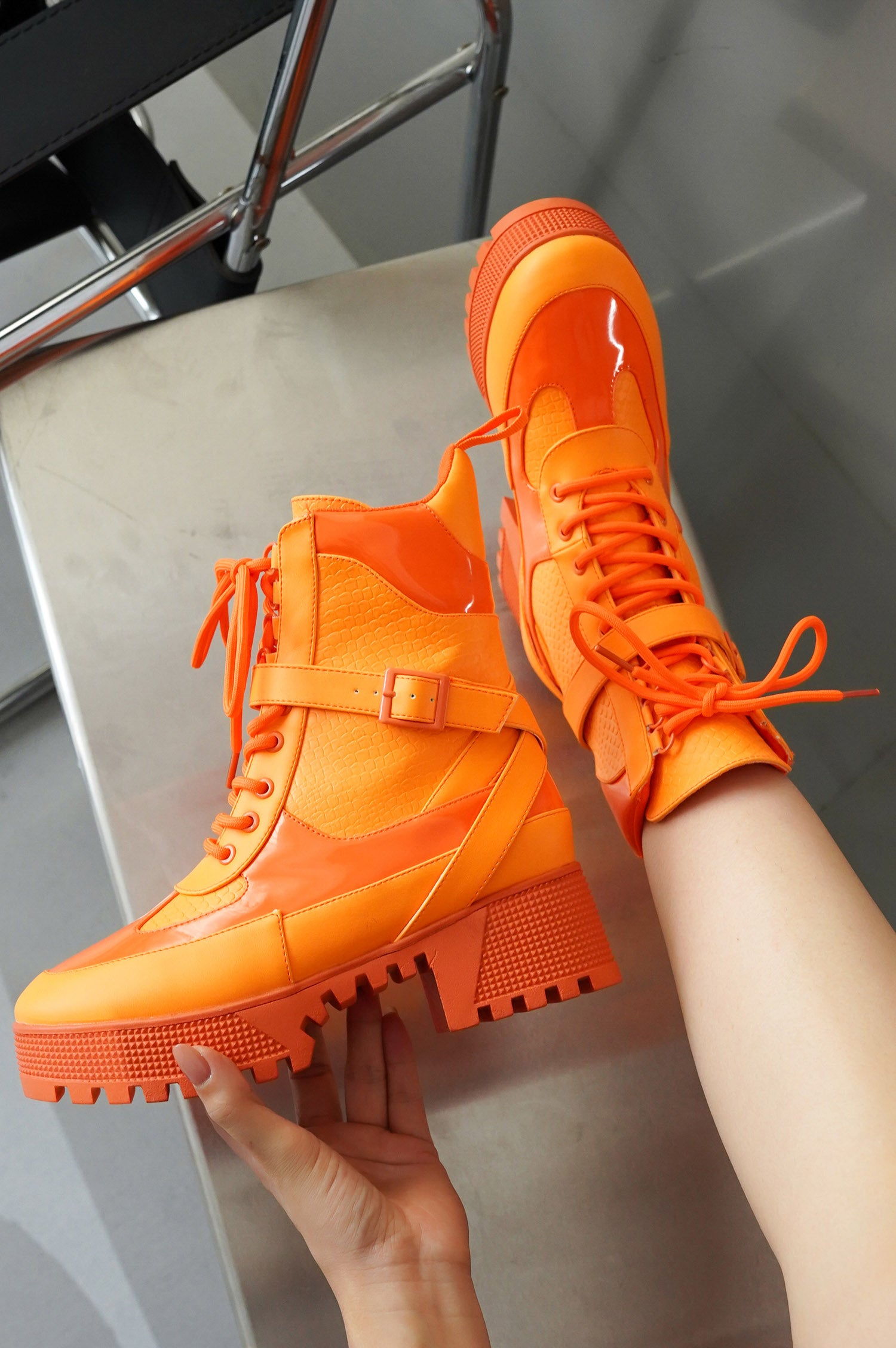 Hot Rod Chunky Heel Combat Boots - Platform Lace Up Ankle Boots - Orange - Cape Robbin