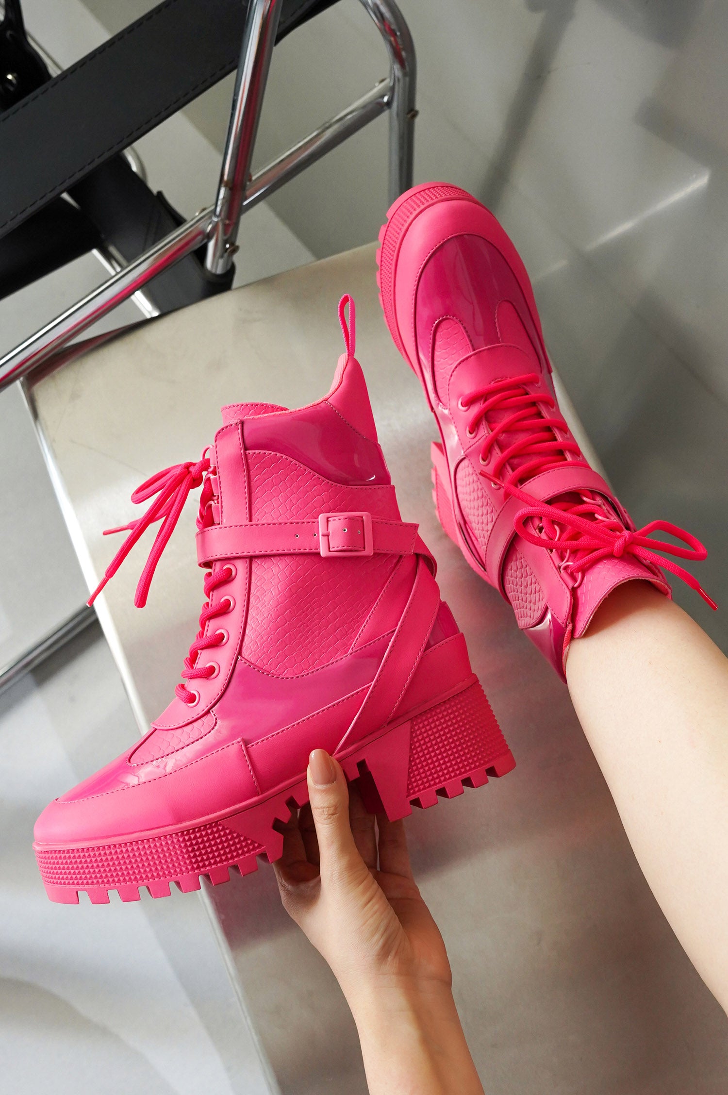 Hot Rod Chunky Heel Combat Boots - Platform Lace Up Ankle Boots - Pink - Cape Robbin