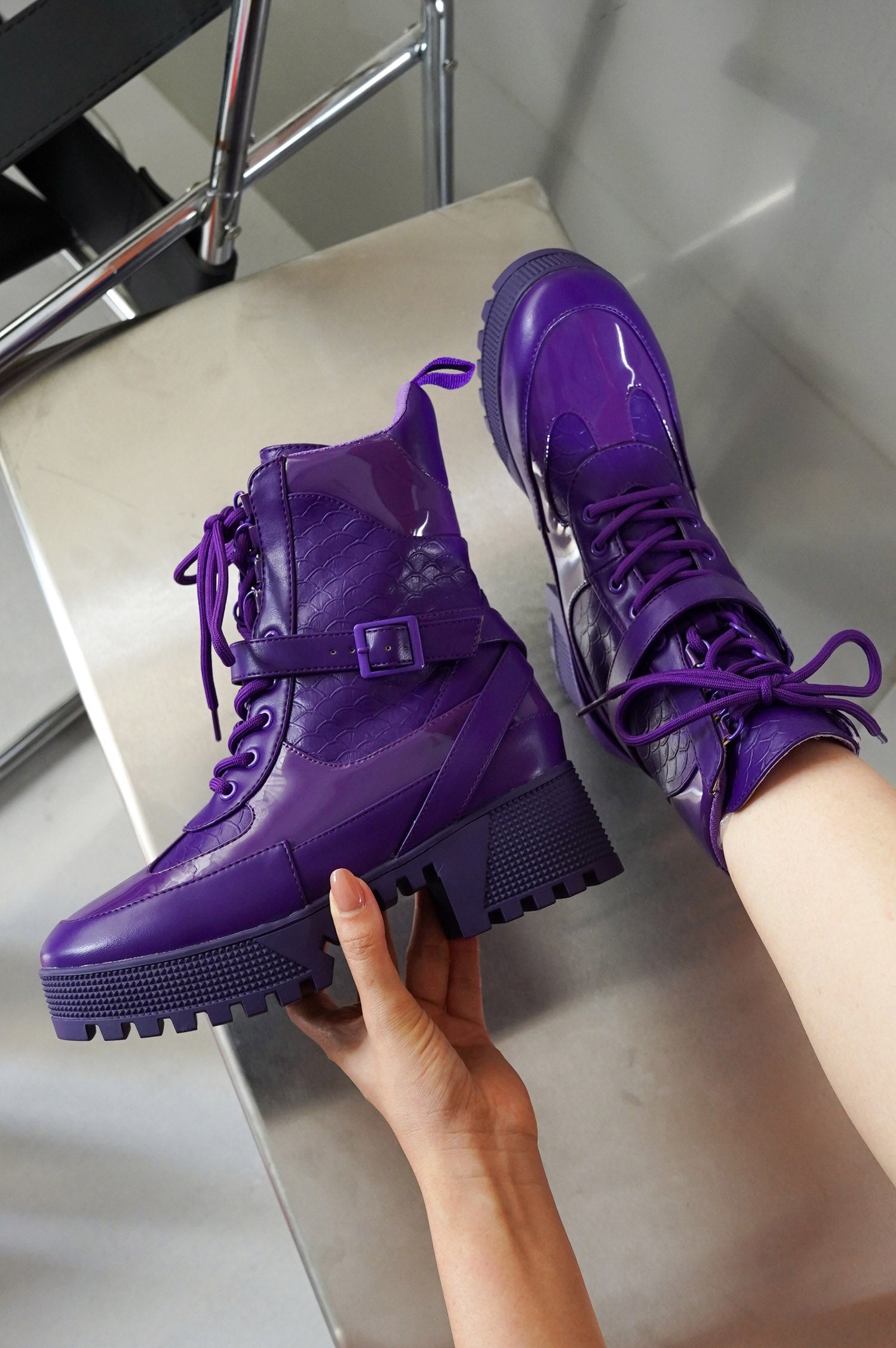 Hot Rod Chunky Heel Combat Boots - Platform Lace Up Ankle Boots - Purple - Cape Robbin
