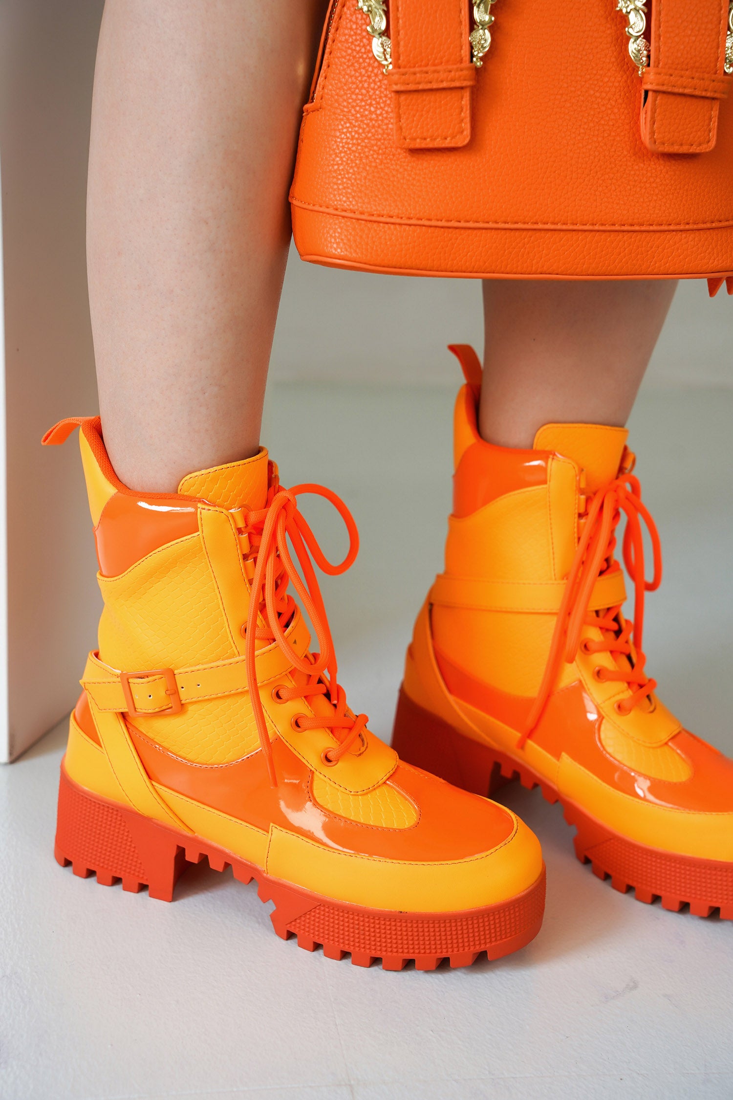 Hot Rod Chunky Heel Combat Boots - Platform Lace Up Ankle Boots - Orange - Cape Robbin