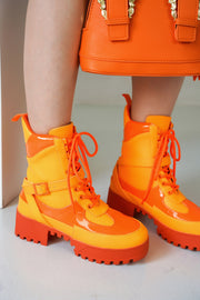 Hot Rod Chunky Heel Combat Boots - Platform Lace Up Ankle Boots - Orange - Cape Robbin