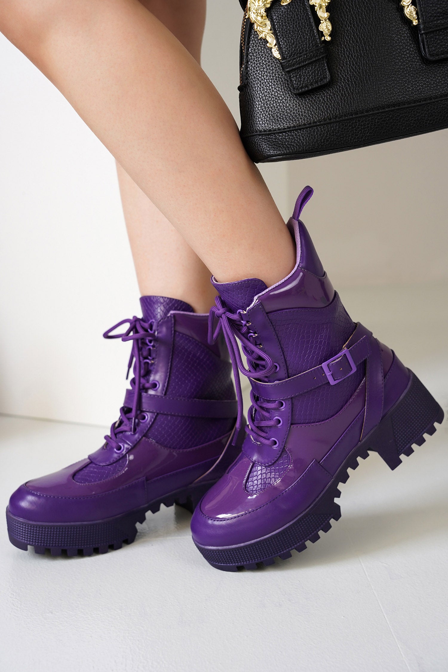 Hot Rod Chunky Heel Combat Boots - Platform Lace Up Ankle Boots - Purple - Cape Robbin