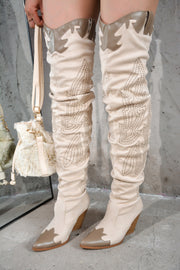 Icona Embroidery Thigh-High Cowboy Boots - Cream