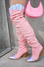 Icona Embroidery Thigh-High Cowboy Boots - Pink