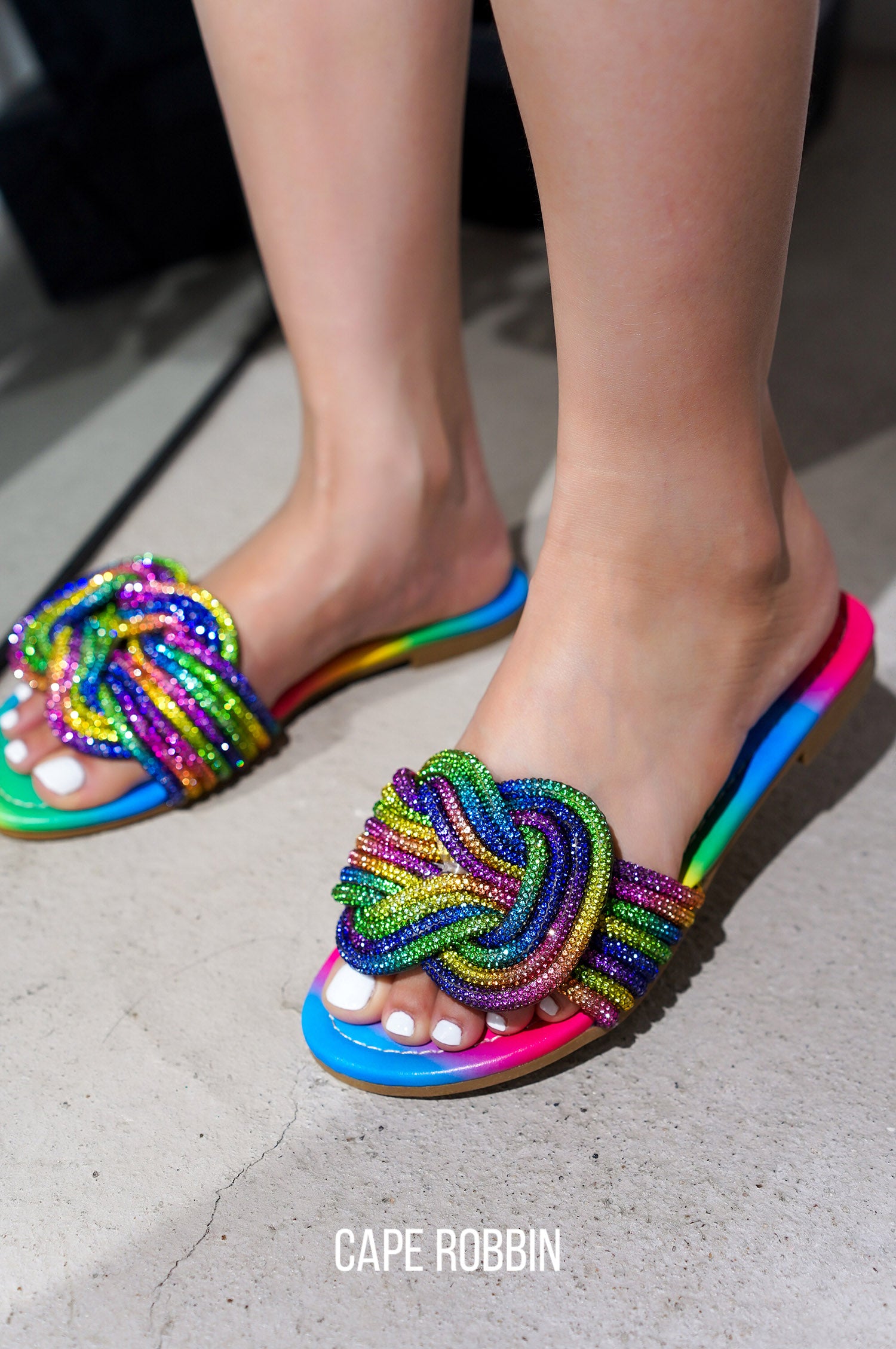 Jeffer Glitter Flat Slide Sandals - Slip On Sandals  with Rhinestone Knot - Rainbow - Cape Robbin