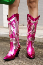 Juliana Metallic Color Block Western Cowboy Boots - Fuchsia