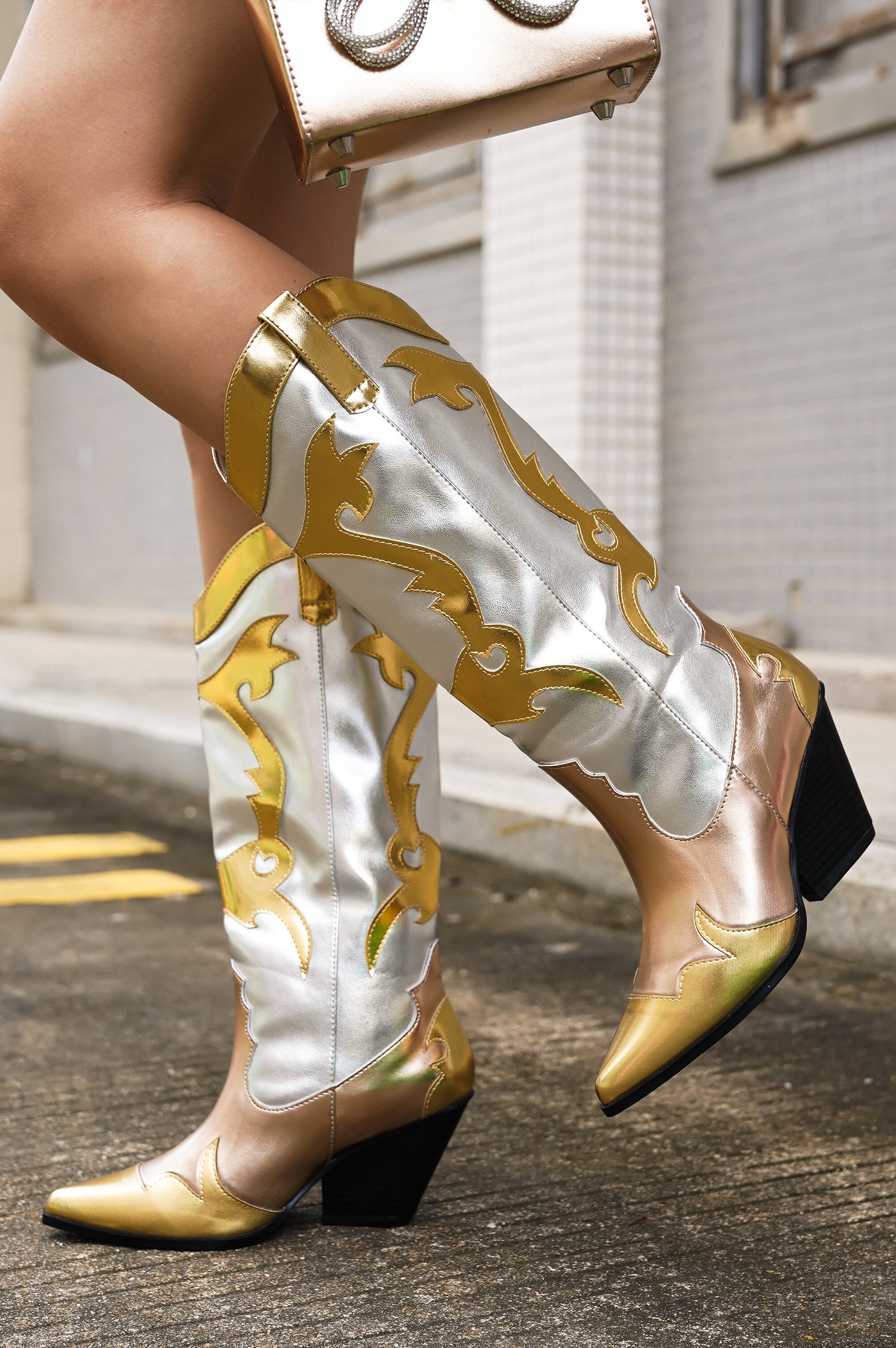 Juliana Metallic Color Block Western Cowboy Boots - Gold
