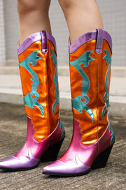 Juliana Metallic Color Block Western Cowboy Boots - Orange