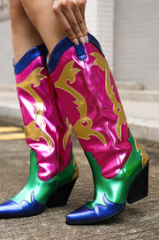 Juliana Metallic Color Block Western Cowboy Boots - Pink