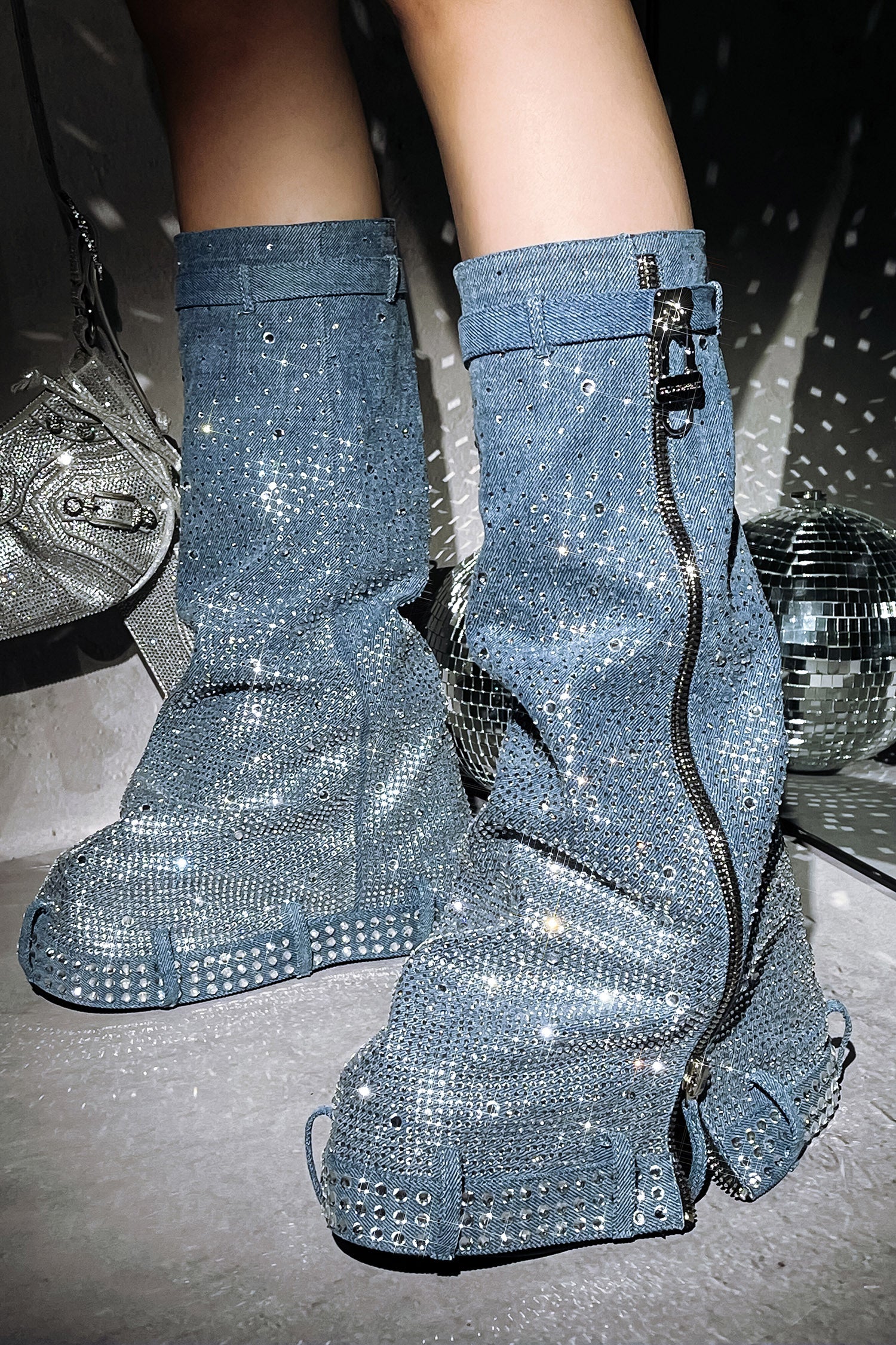 Kastel Denim Rainbow Rhinestone Platform Boots - Denim