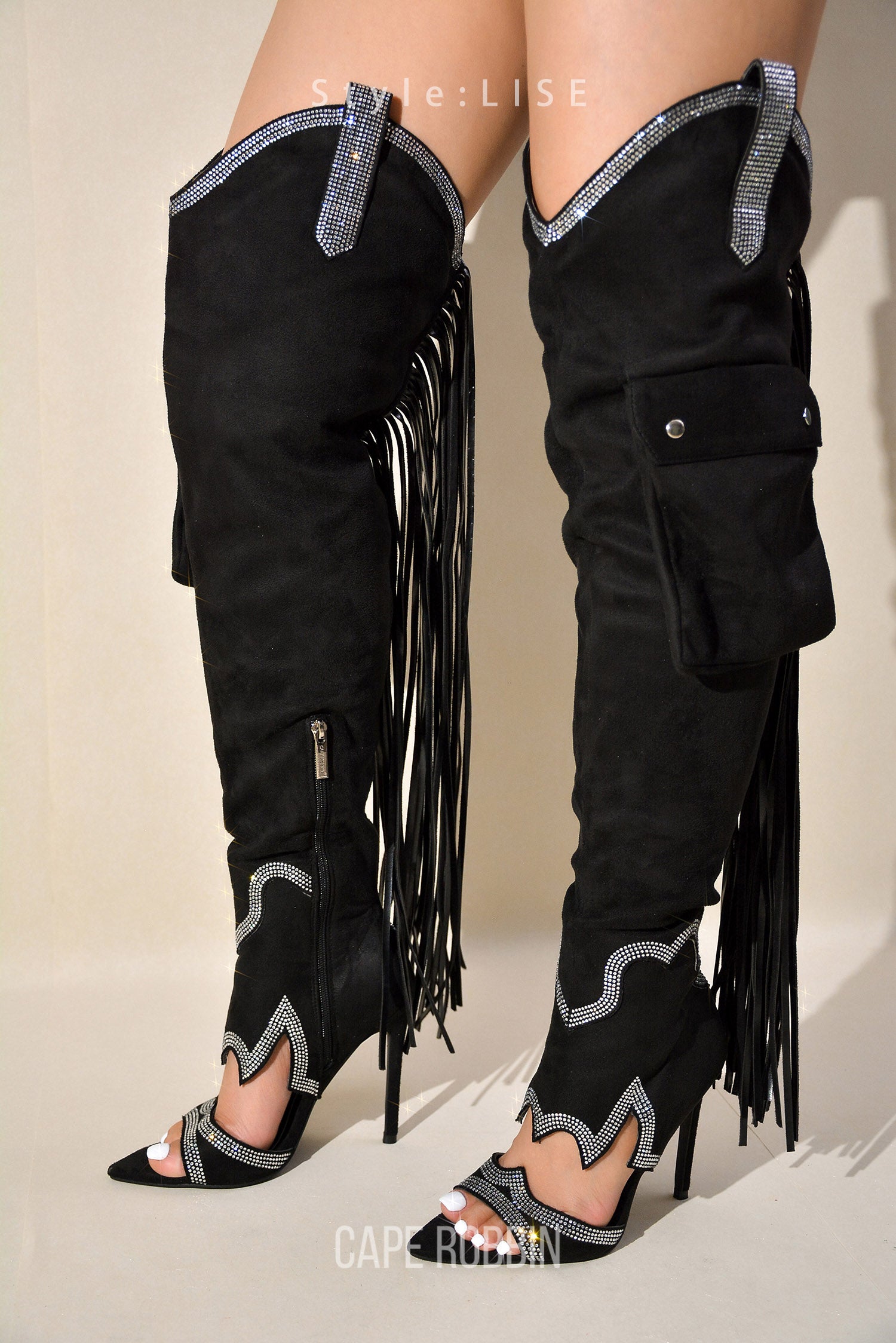 Lise Western Rhinestone Fringed Cargo Boots - Black