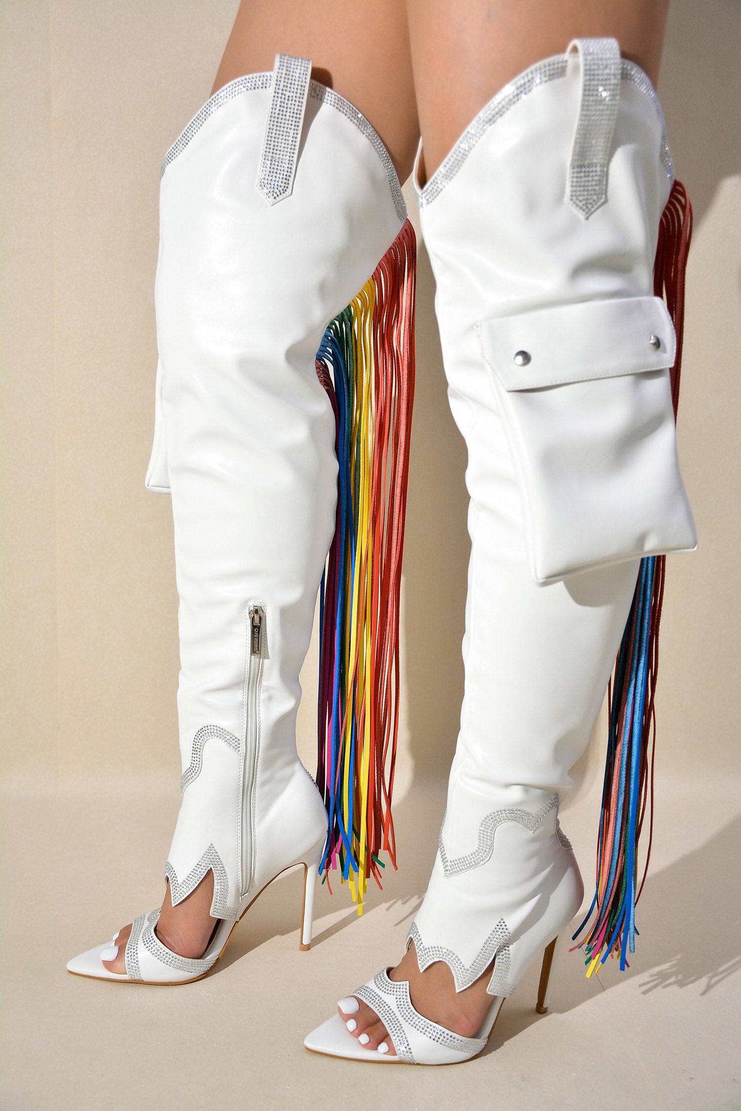 Lise Western Rhinestone Fringed Cargo Boots - White