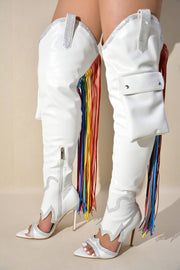 Lise Western Rhinestone Fringed Cargo Boots - White