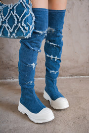 Looks Chunky Sole Thigh High Denim Sneakers - Denim