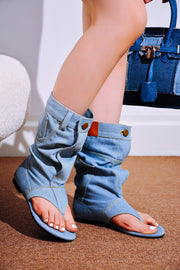 Matie Y2K Denim Slouchy Thong Sandal Boots - Denim