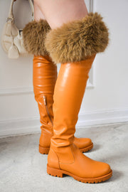 Meghani Fur-Coated Over-the-Knee Boots - Tan