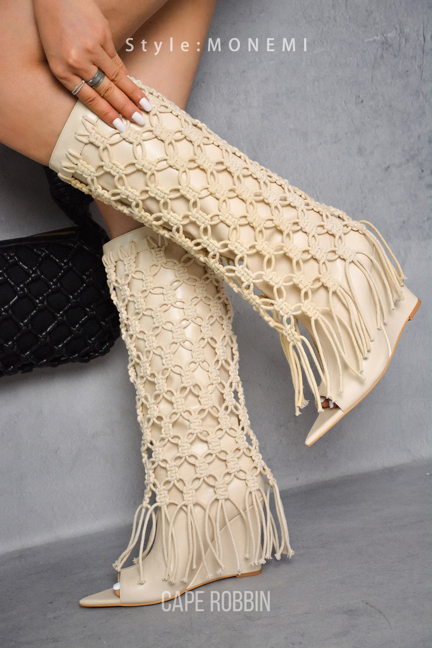 Monemi Fringe Open Toe Mid Calf-Length Boots - Cream