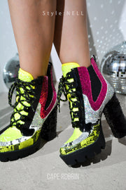 Nell Women's Sequin Cowboy Booties - Block Heel & Lace-Up Booties - Lime - Cape Robbin