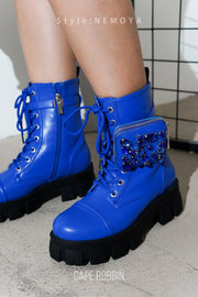Nemoya Gem-Studded Pouch Stylish Combat Boots - Blue - Cape Robbin