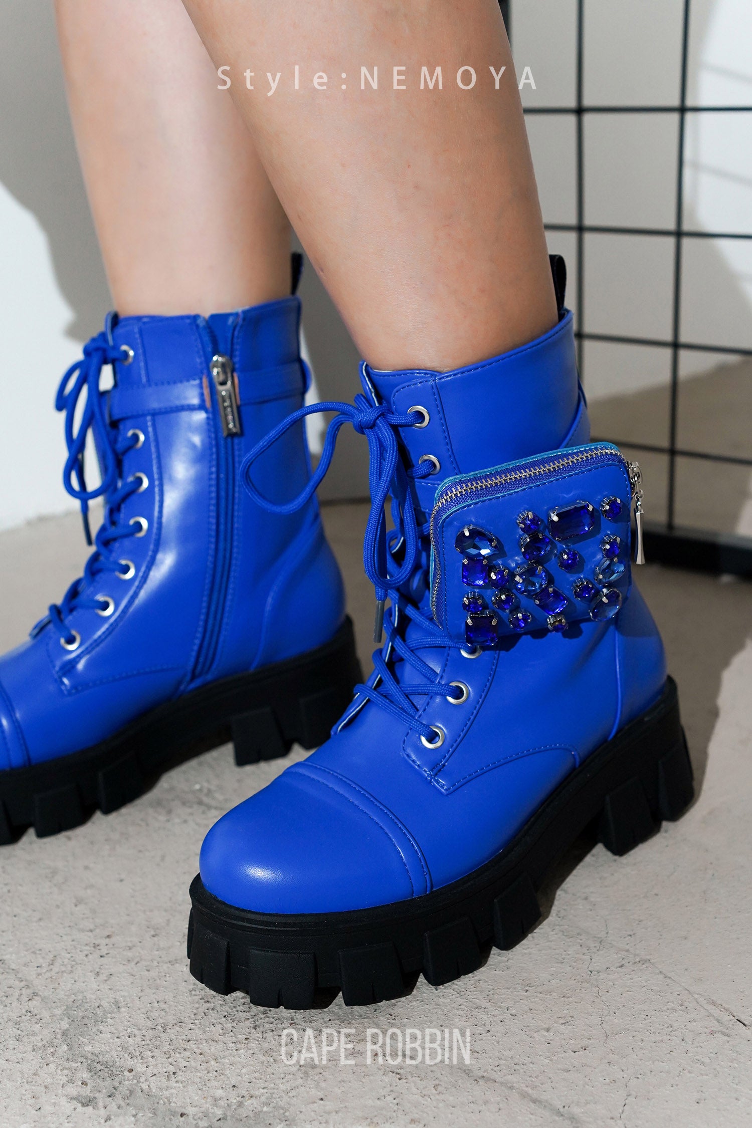 Nemoya Gem-Studded Pouch Stylish Combat Boots - Blue - Cape Robbin