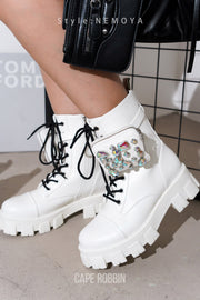 Nemoya Gem-Studded Pouch Stylish Combat Boots - White