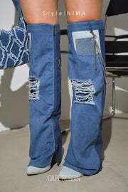 Nima Rhinestone Fringe Denim Knee High Boots - Denim