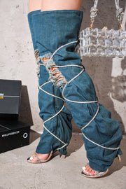 Nobu Rhinestone Thigh-High Denim Booties - Blue